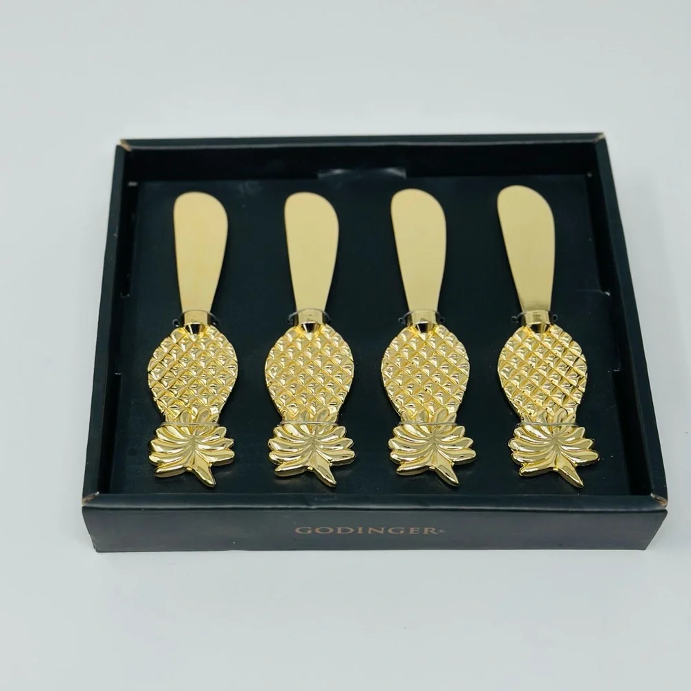 Godinger Pineapple Design Dessert Cheese Spreaders Gold Finish Set of Four w/box